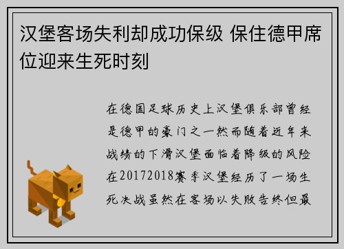 汉堡客场失利却成功保级 保住德甲席位迎来生死时刻