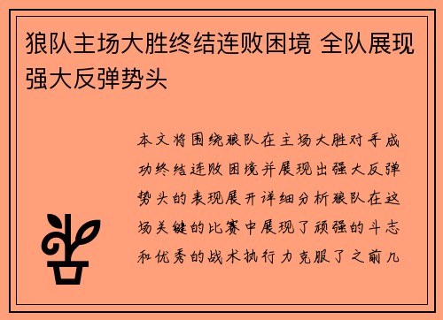 狼队主场大胜终结连败困境 全队展现强大反弹势头